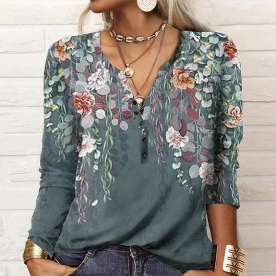 Damen Lockeres Langarm‑Henleyshirt mit V‑Ausschnitt, Knopfleiste und Ombre‑Print Shop Nory