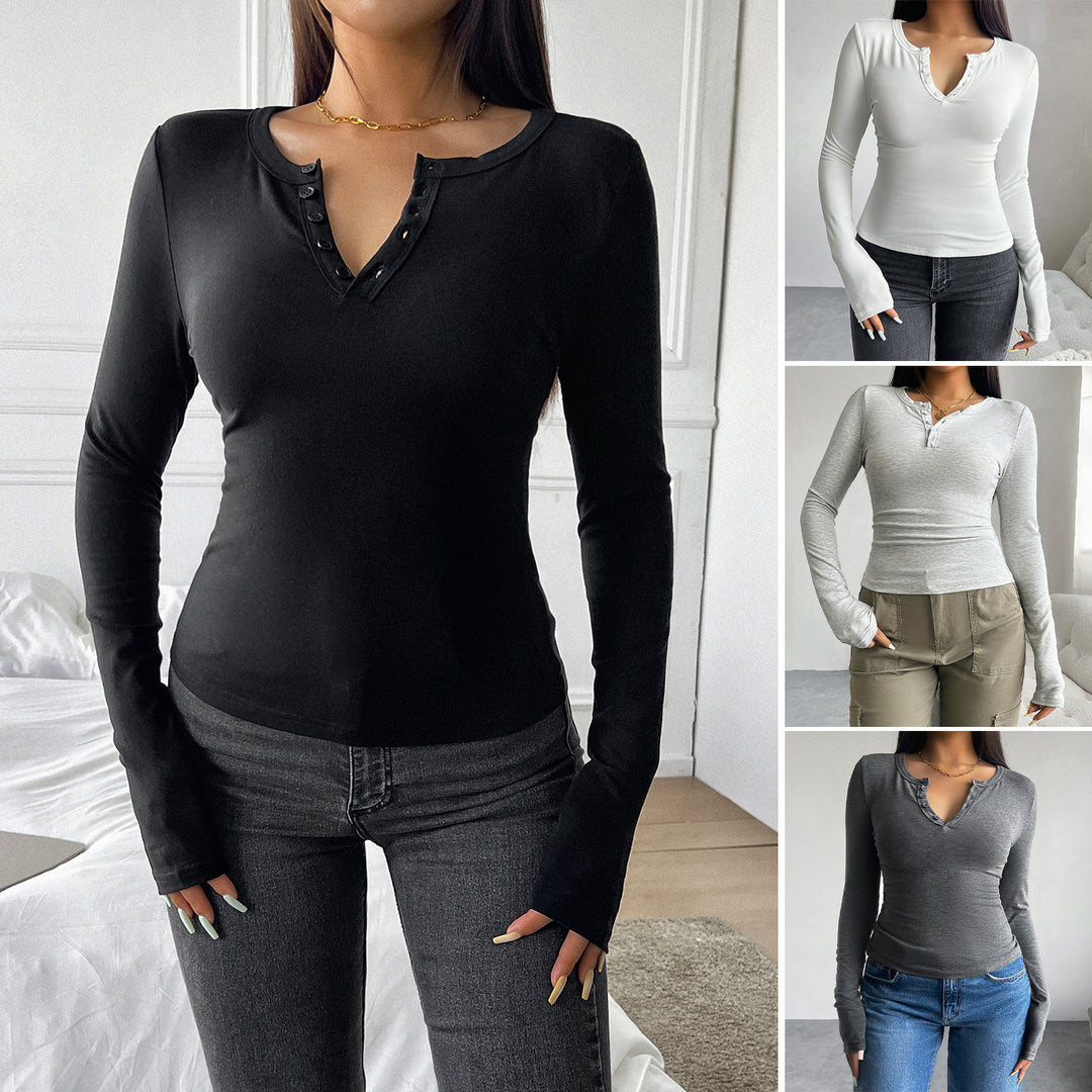 Damen nan tailliertes Henley-Longsleeve mit Stretchjersey und Daumenloch Shop Nory
