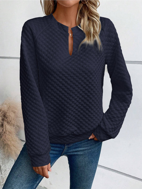 Damen Gestepptes Sweatshirt mit Schlitzkragen, Rautenstruktur und Raglanärmeln Shop Nory