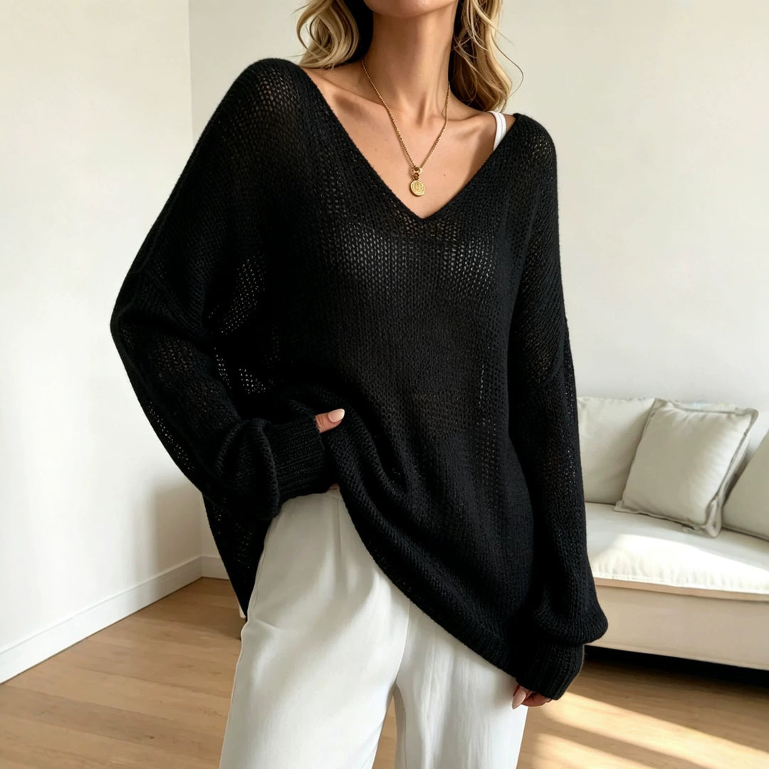 Damen Oversized Strickpullover mit tiefem V-Ausschnitt und feiner Lochstrickstruktur Shop Nory