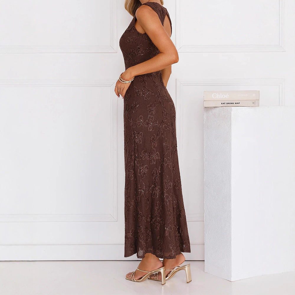 Damen Elegantes Maxikleid mit floralen Spitzenapplikationen Shopnory