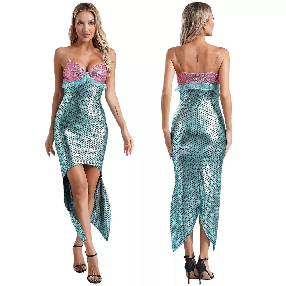 Damen Glamouröses Meerjungfrau-Kleid mit asymmetrischem Saum und schimmerndem Oberteil Shopnory