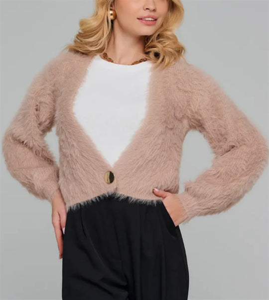 Damen Kurze flauschige Kunstfell-Cardigan mit offenem Schnitt und Raglanärmeln Shop Nory