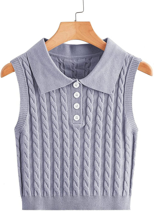 Damen Ärmellose Strickweste mit Polokragen und Zopfmuster Shop Nory