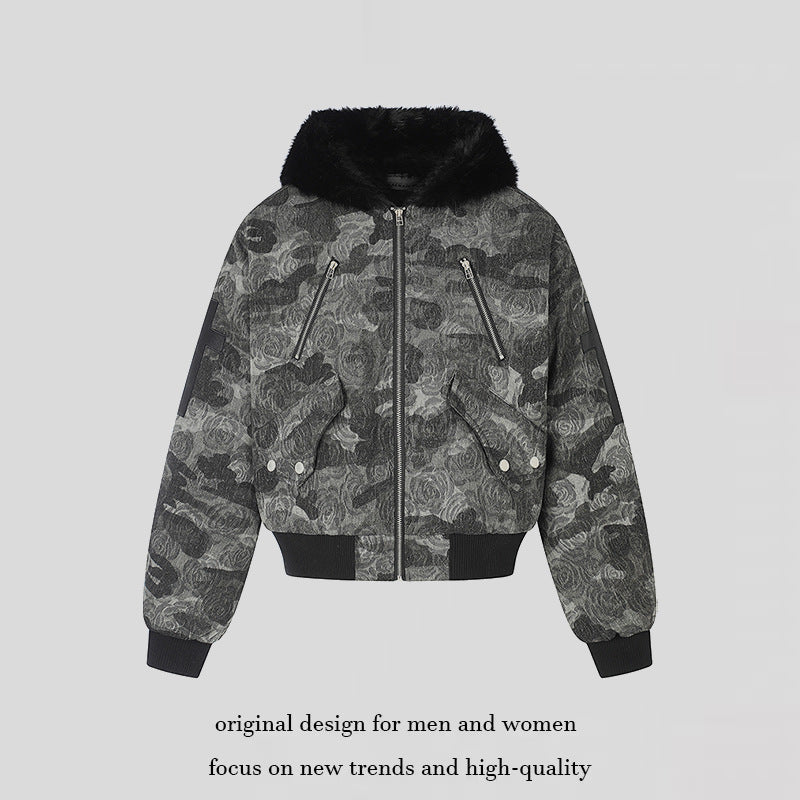 Damen wattierte Bomberjacke mit Kunstfellkapuze, Rosen‑Jacquard und Zipper‑Details Shop Nory