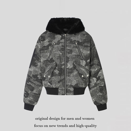 Damen wattierte Bomberjacke mit Kunstfellkapuze, Rosen‑Jacquard und Zipper‑Details Shop Nory