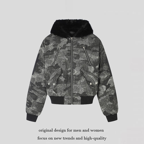 Damen wattierte Bomberjacke mit Kunstfellkapuze, Rosen‑Jacquard und Zipper‑Details Shop Nory