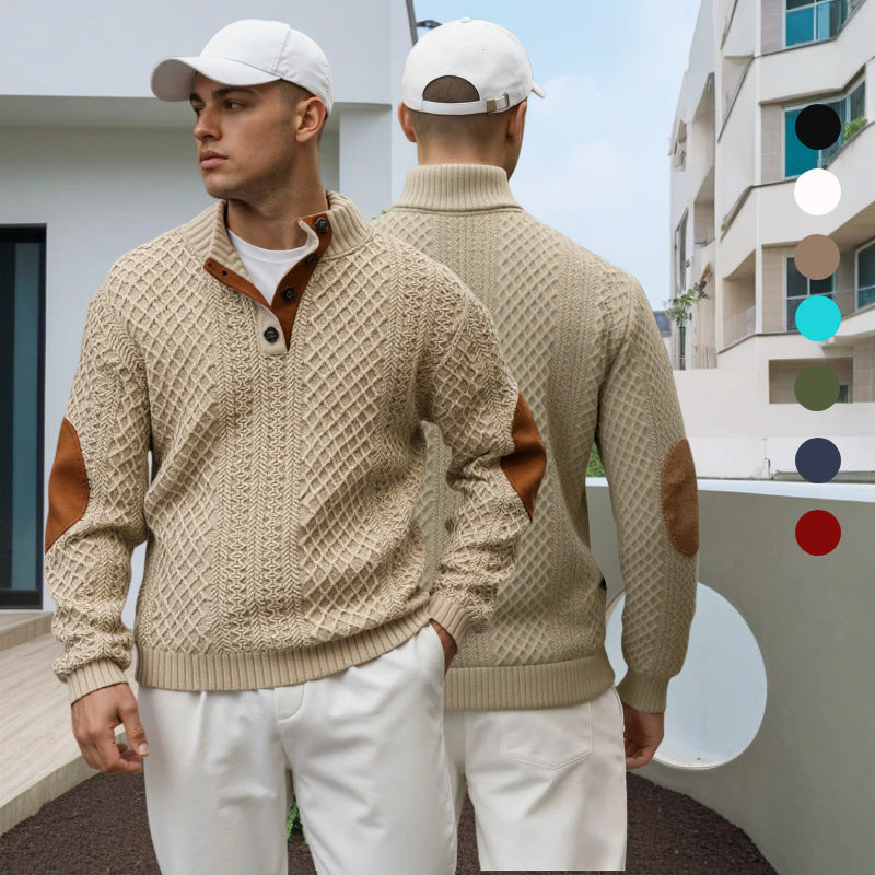Herren Troyer-Pullover mit Stehkragen, strukturierter Strickoptik und Kontrast-Ellbogenpatches Shop Nory