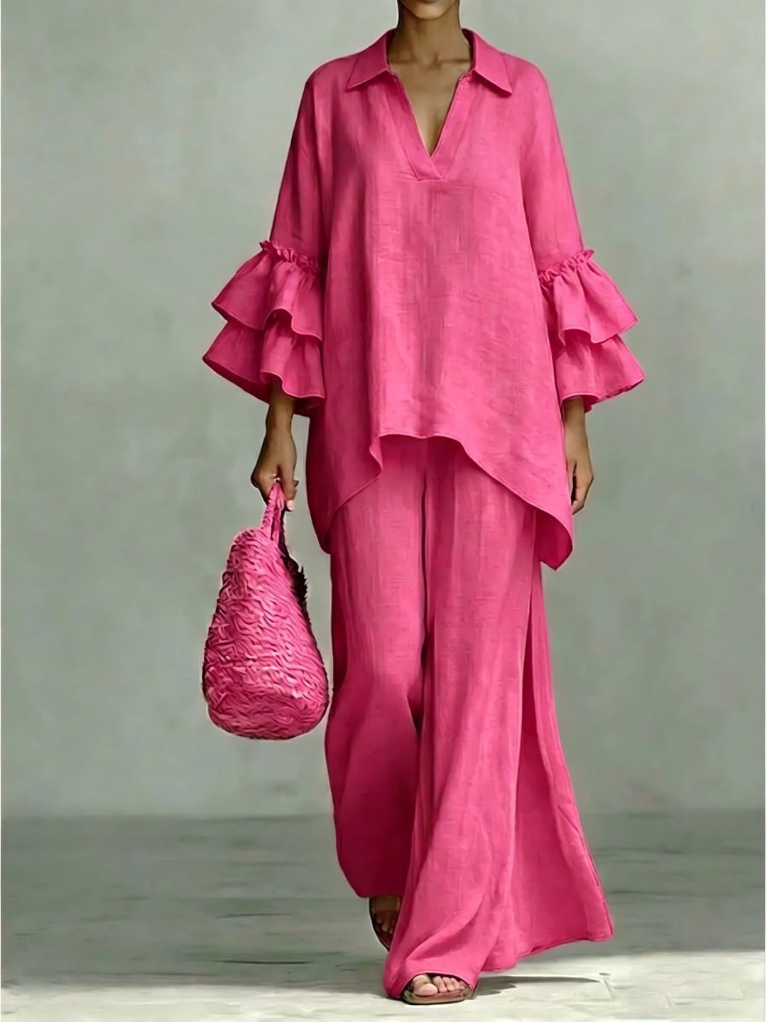 Damen Leinen-Loungewear-Set mit Volantärmeln und weitem Palazzo-Hose Shop Nory