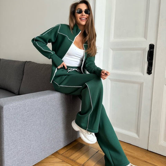 Damen Zweiteiliges Jogginganzug-Set mit Stehkragen, Kontrastpaspel und weitem Bein Shop Nory