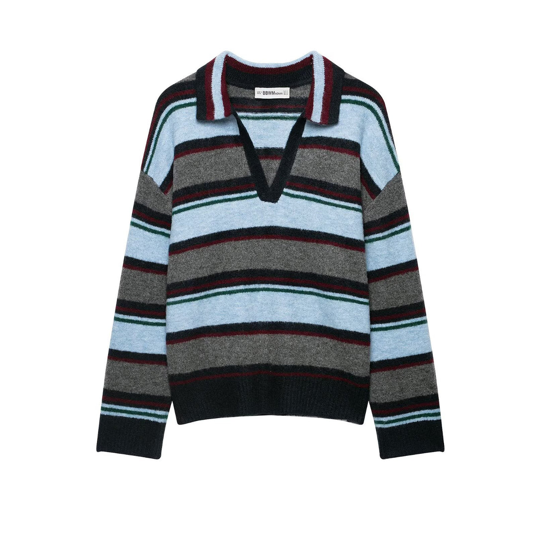 Damen Oversize Ringel-Pullover mit Polokragen und tiefem V‑Ausschnitt Shop Nory