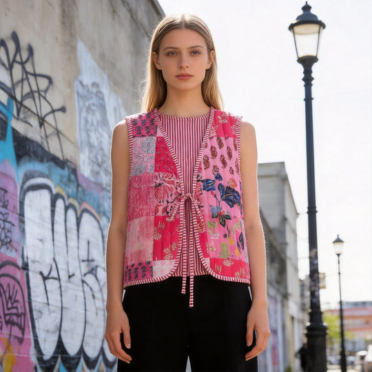 Damen Patchwork-Weste mit V-Ausschnitt, Bindeband und gestreiftem Innenfutter Shop Nory