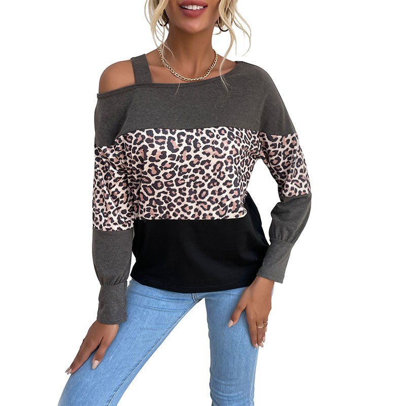Damen Legerer Off-Shoulder Pullover mit Leoparden‑Print, Kontrastblöcken und Spaghettiträger Shop Nory