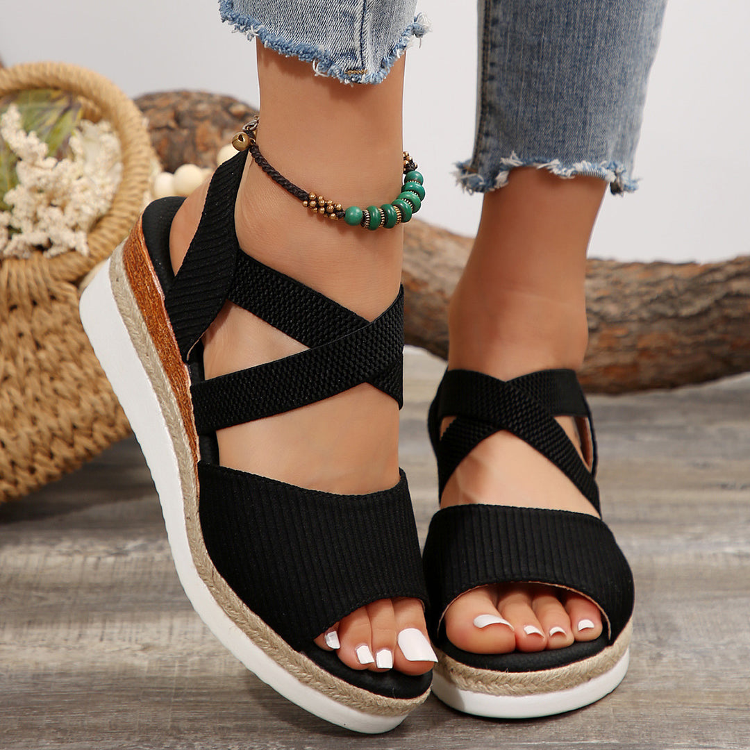 Damen Komfort-Keil-Sandalen mit elastischem Kreuzriemen und geflochtener Plateau-Sohle Shop Nory