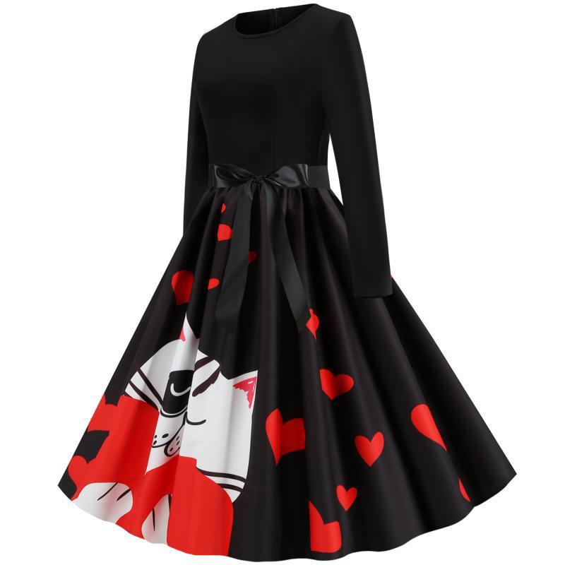 Damen Retro-Tellerkleid mit figurbetontem Oberteil, Satin-Taillengürtel und Katzen-Herz-Print Shop Nory