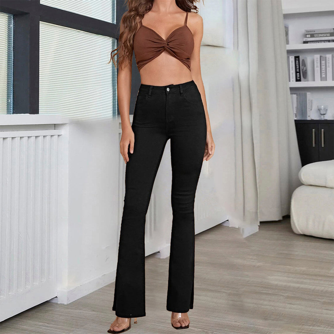 Damen taillenhohe Schlaghose aus Stretch-Denim mit Mittelnaht und figurformendem Schnitt Shop Nory