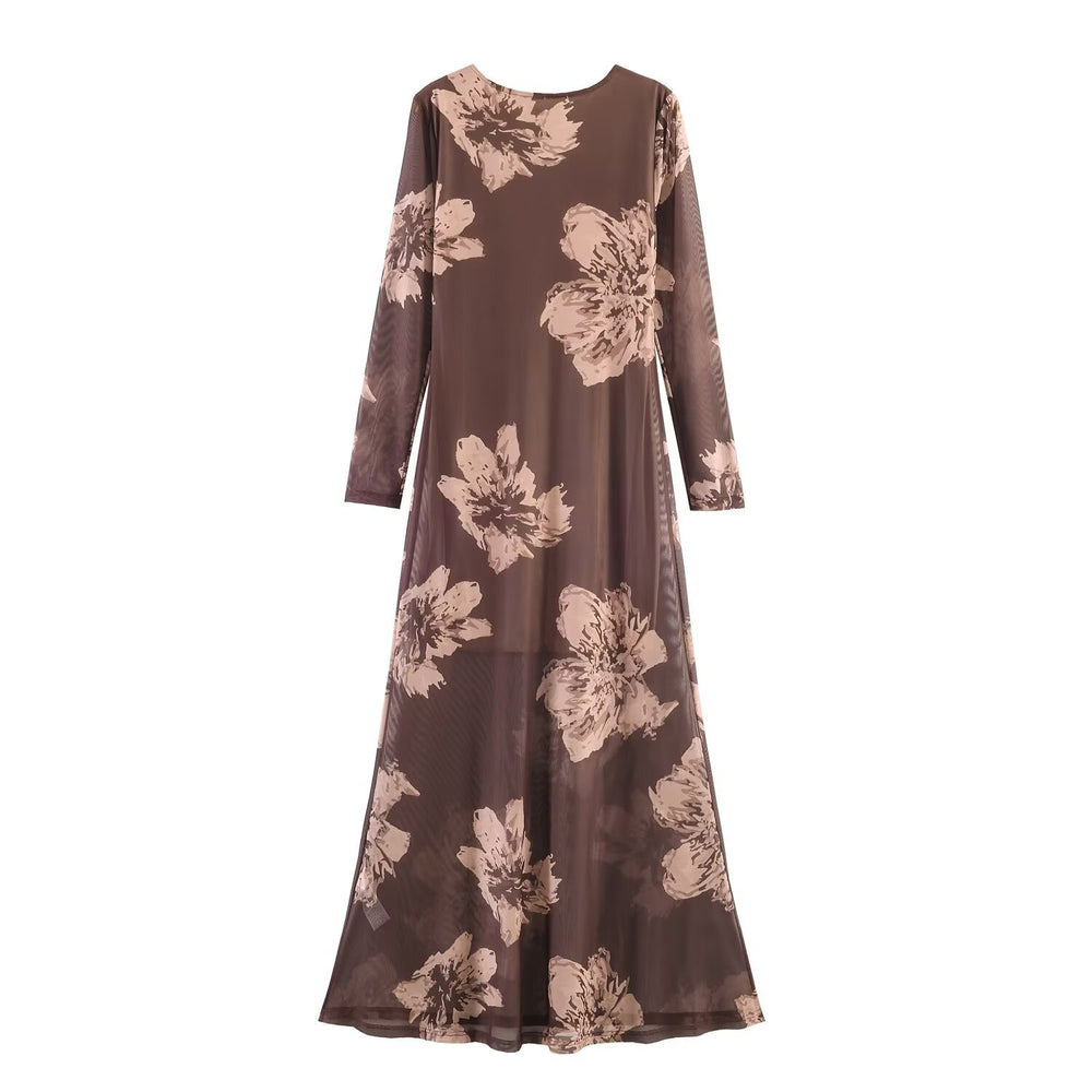 Damen Maxikleid mit semi-transparentem Mesh-Overlay, langen Ärmeln und ausgestellter A-Linie Shop Nory