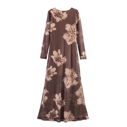 Damen Maxikleid mit semi-transparentem Mesh-Overlay, langen Ärmeln und ausgestellter A-Linie Shop Nory