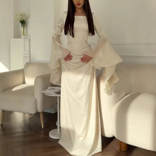 Damen Abendkleid mit Quadrat-Ausschnitt, transparenten Glockenärmeln und drapierter Taillenpartie Shop Nory