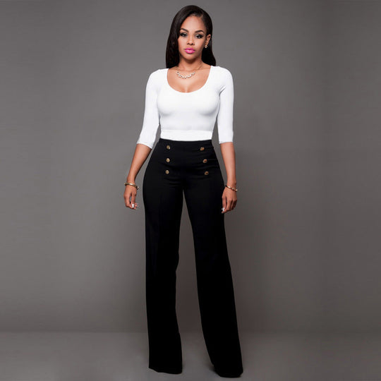 Damen hochtaillierte Palazzo-Hose mit dekorativen Knopfdetails