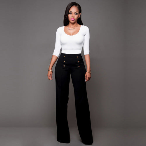 Damen hochtaillierte Palazzo-Hose mit dekorativen Knopfdetails