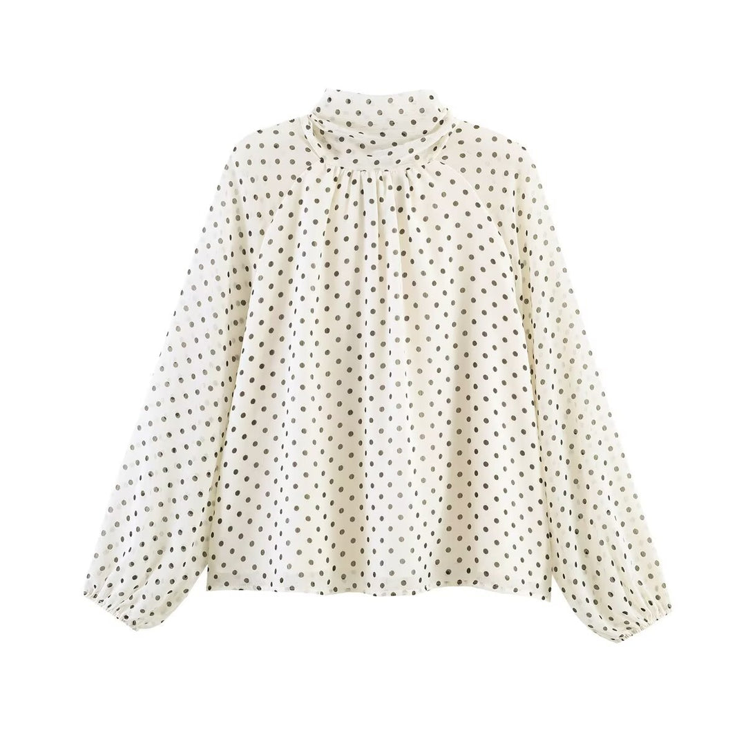 Damen Polka-Dot Bluse mit hohem Stehkragen, gerafftem Ausschnitt und Ballonärmeln Shop Nory