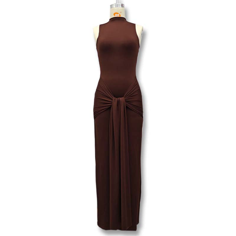 Damen Elegantes Maxikleid mit hochgeschlossenem Kragen und Drapierung Shopnory