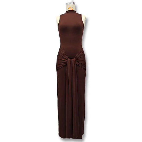 Damen Elegantes Maxikleid mit hochgeschlossenem Kragen und Drapierung Shopnory