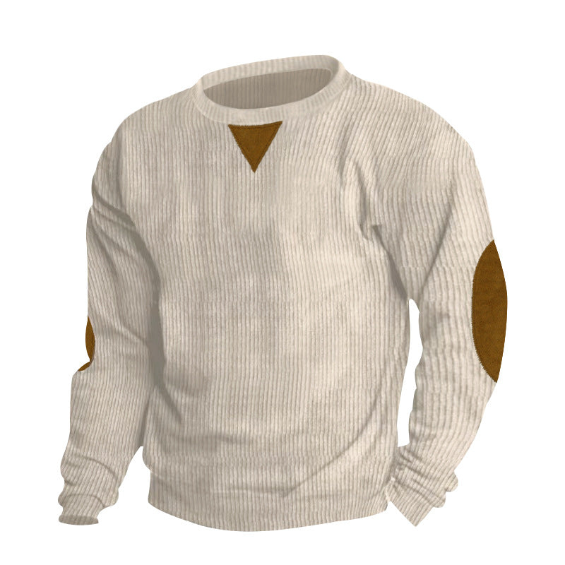 Herren nan grobgerippter Rundhals-Strickpullover mit Ellbogenpatches und Dreiecksdetail