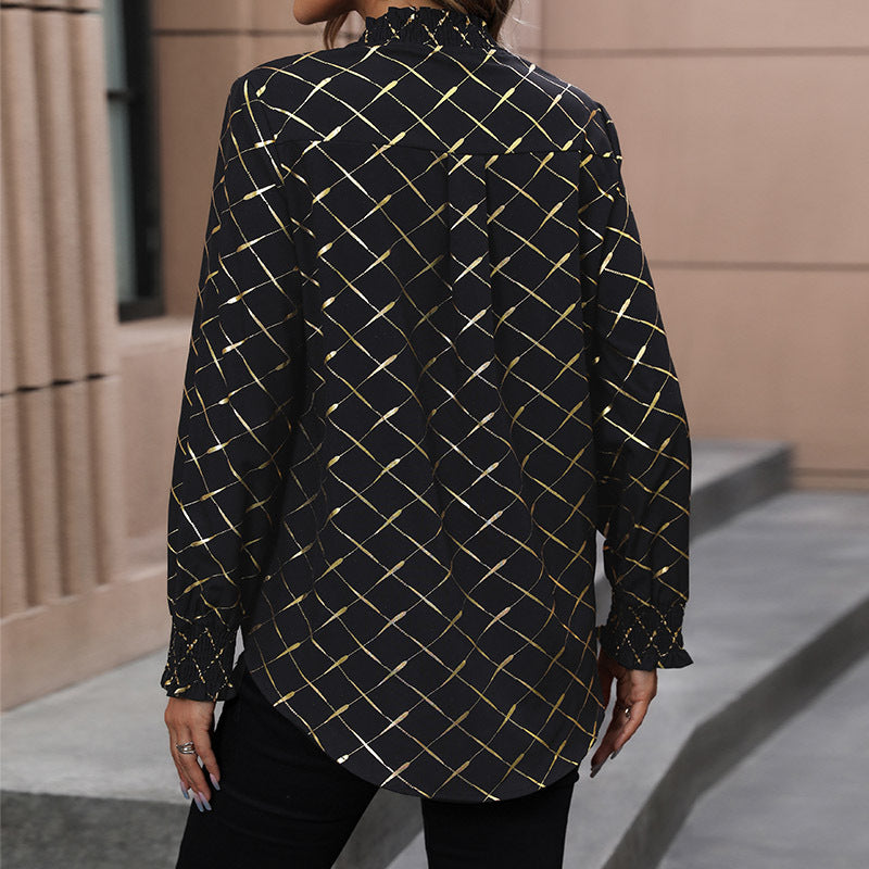 Damen Glänzende Karobluse mit Stehkragen, V‑Ausschnitt und Smokmanschetten Shop Nory