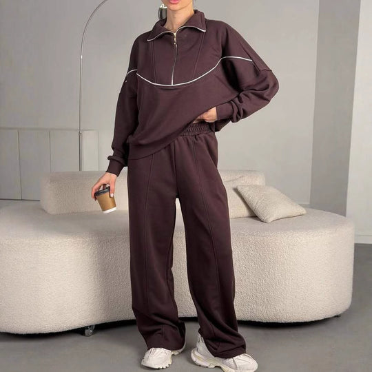Damen Lockeres Loungewear-Set mit halbhohem Reißverschluss, überschnittenen Schultern und weiter Palazzohose Shop Nory