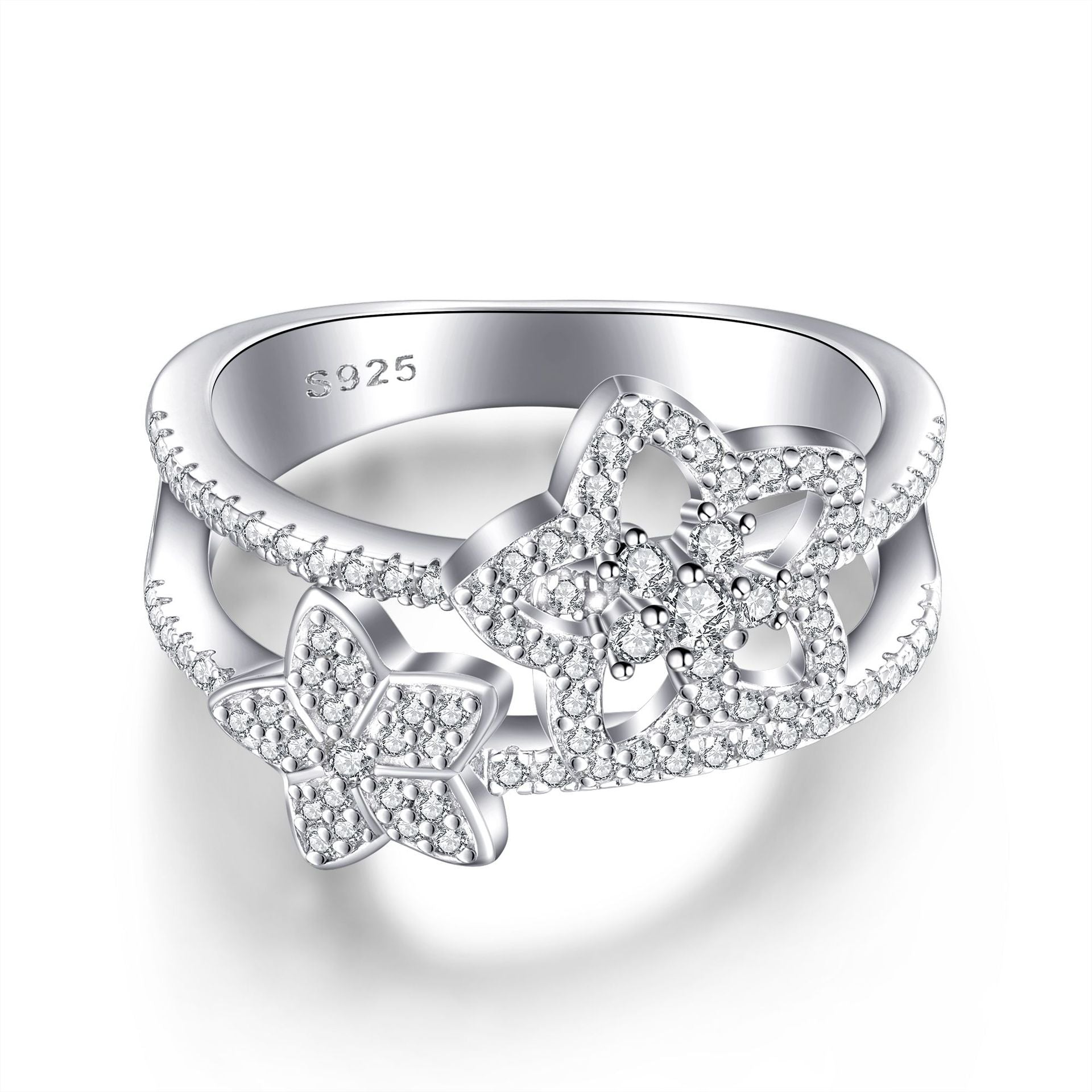 Damenring mit doppeltem, floralem Design und funkelndem Zirkonia-Besatz Shop Nory