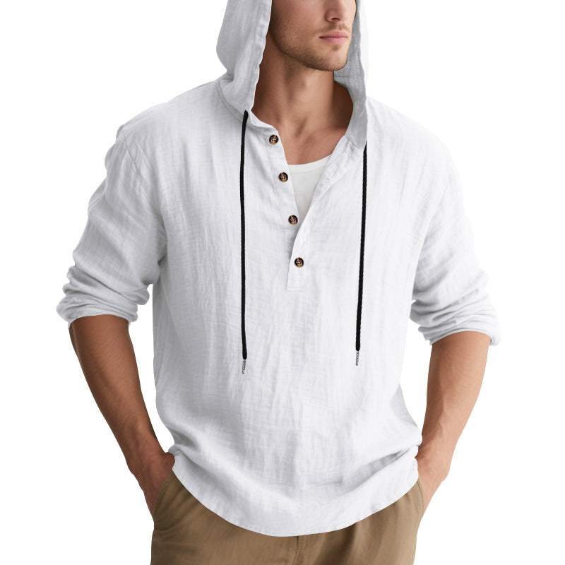 Herren nan lässiges Leinen-Henley mit Kapuze, Kordelzug und Dreiknopfleiste