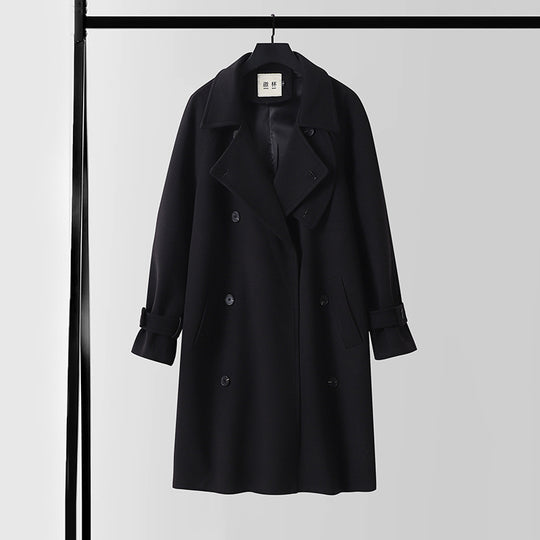 Herren Dramatisch geschnittener Doppelreihiger Wollmix-Longcoat mit Kragenlaschen und Bindegürtel Shop Nory