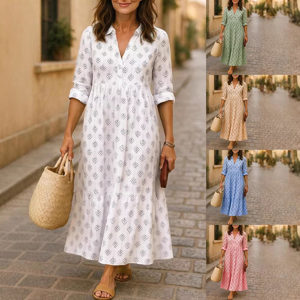 Damen Maxikleid mit elegantem Kragen und floralen Mustern