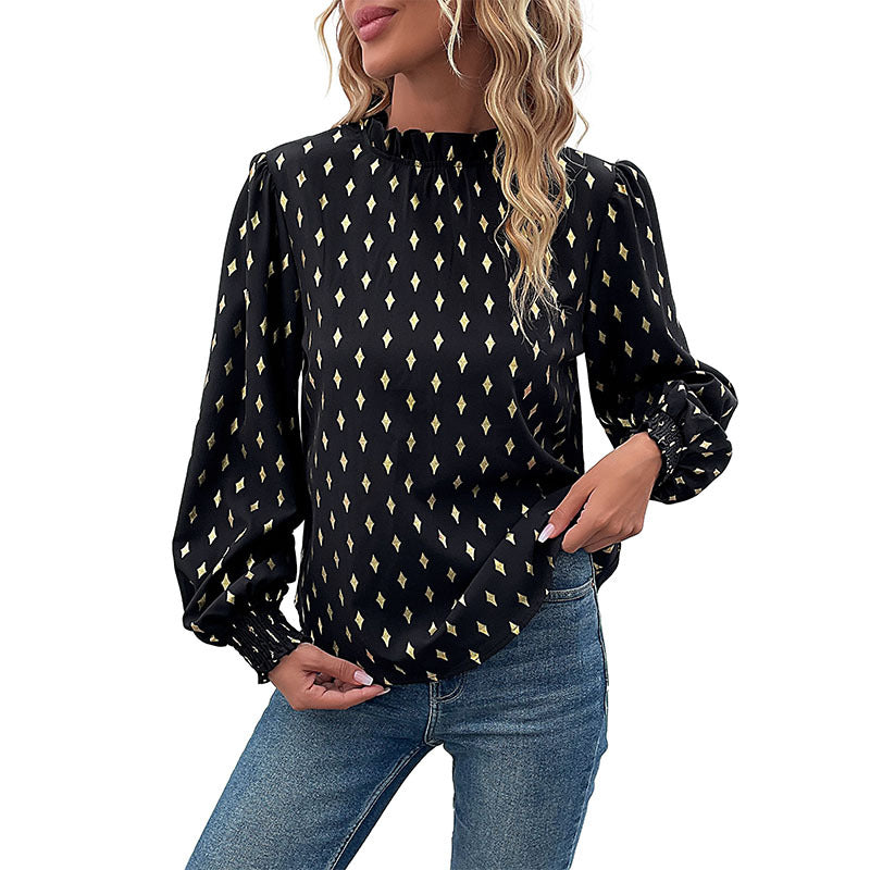 Damen Elegante Rüschen-Stehkragen-Bluse mit Puffärmeln und Smokbündchen Shop Nory