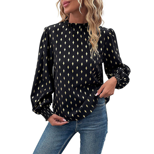 Damen Elegante Rüschen-Stehkragen-Bluse mit Puffärmeln und Smokbündchen Shop Nory
