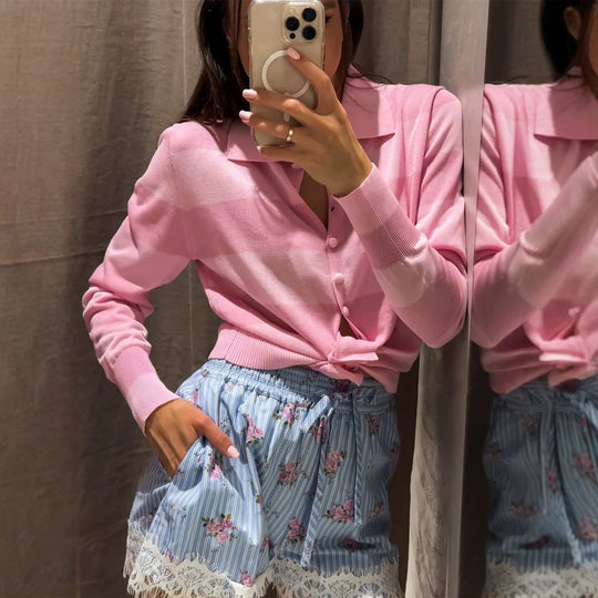 Damen Leichter Kurzcardigan mit Hemdkragen, bezogenen Knöpfen & Knotenbund Shop Nory