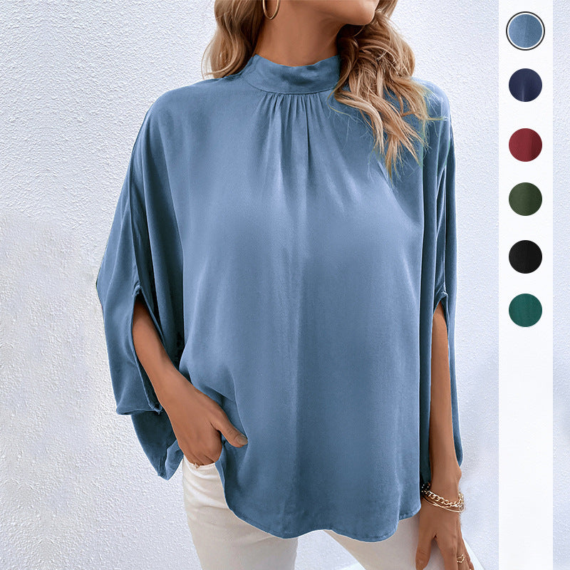 Damen Elegante Satin-Bluse mit Stehkrragen, Fledermausärmeln und Ärmelschlitzen Shop Nory