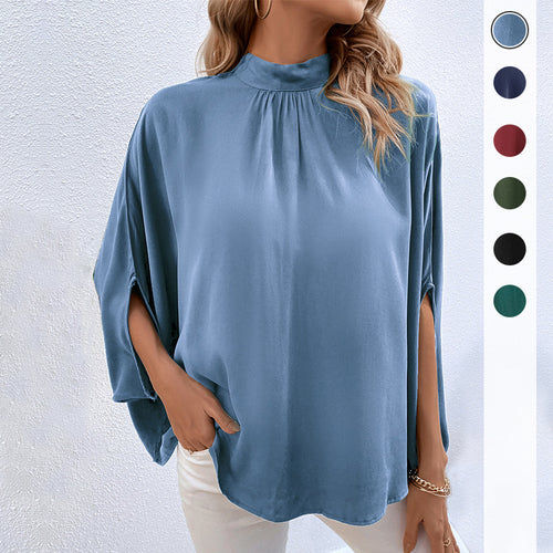 Damen Elegante Satin-Bluse mit Stehkrragen, Fledermausärmeln und Ärmelschlitzen Shop Nory