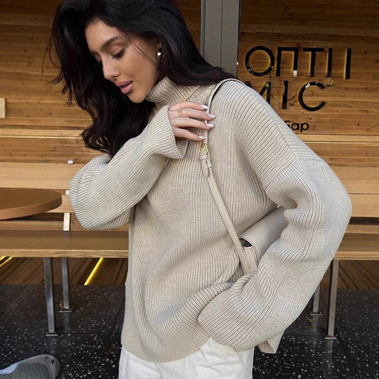 Damen Oversized Rippenstrick Rollkragenpullover mit verlängerter Manschette Shop Nory