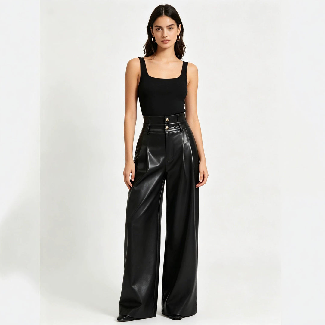 Damen Hochtaillierte Wide‑Leg Kunstlederhose mit Zierknöpfen Shop Nory