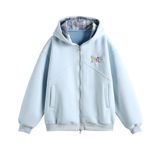 Damen Kapuzen-Sweatjacke im Boxy-Schnitt mit kariert gefütterter Kapuze und dezenter Stickerei Shop Nory