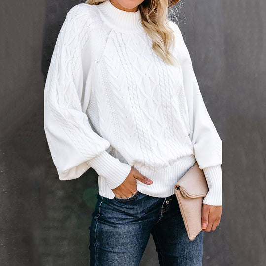 Damen Grobstrick-Pullover mit Zopfmuster, Stehkragen und Ballonärmeln Shop Nory
