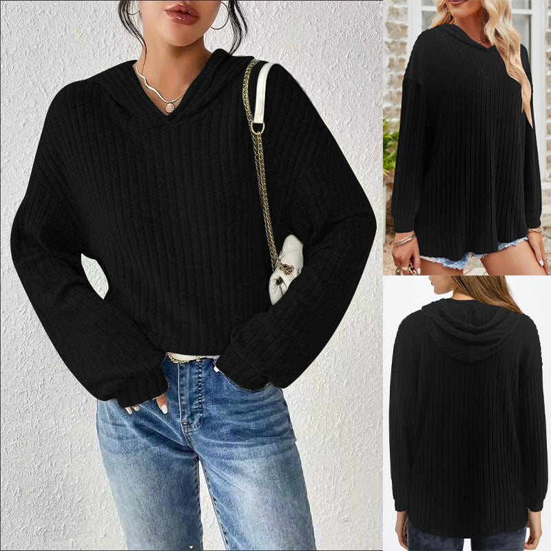 Damen Gerippter Kapuzenpullover mit V-Ausschnitt und Oversize-Ärmeln Shop Nory