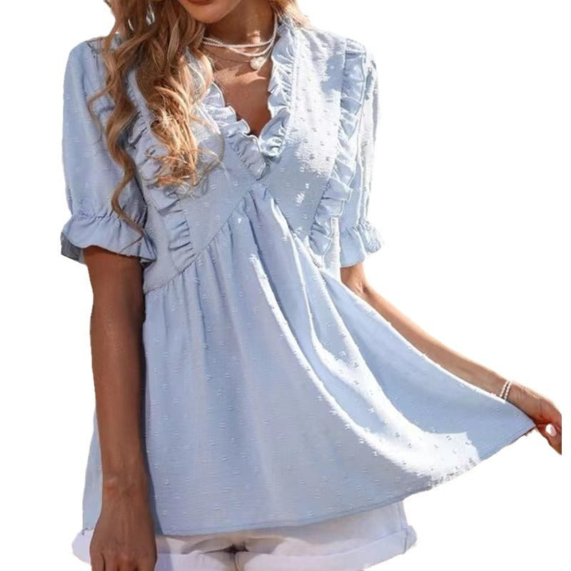 Damen luftige Bluse mit Rüschendetails und V-Ausschnitt