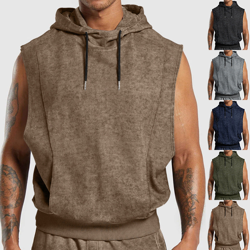 Herren nan ärmelloser Kapuzenpullover in Steinwasch-Optik mit tiefem Armausschnitt und geripptem Bund Shopnory