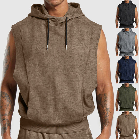 Herren nan ärmelloser Kapuzenpullover in Steinwasch-Optik mit tiefem Armausschnitt und geripptem Bund Shopnory