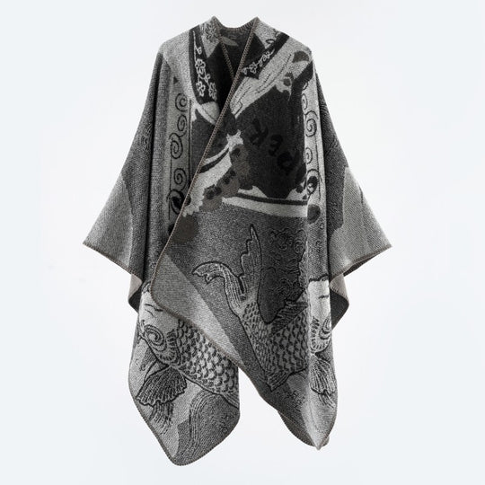Damen Jacquard-Strick Cape mit Koi-Motiv und weitem Oversize-Fall Shop Nory