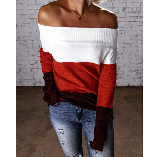 Damen Schulterfreier Colorblock-Strickpullover mit Umschlagkragen Shop Nory